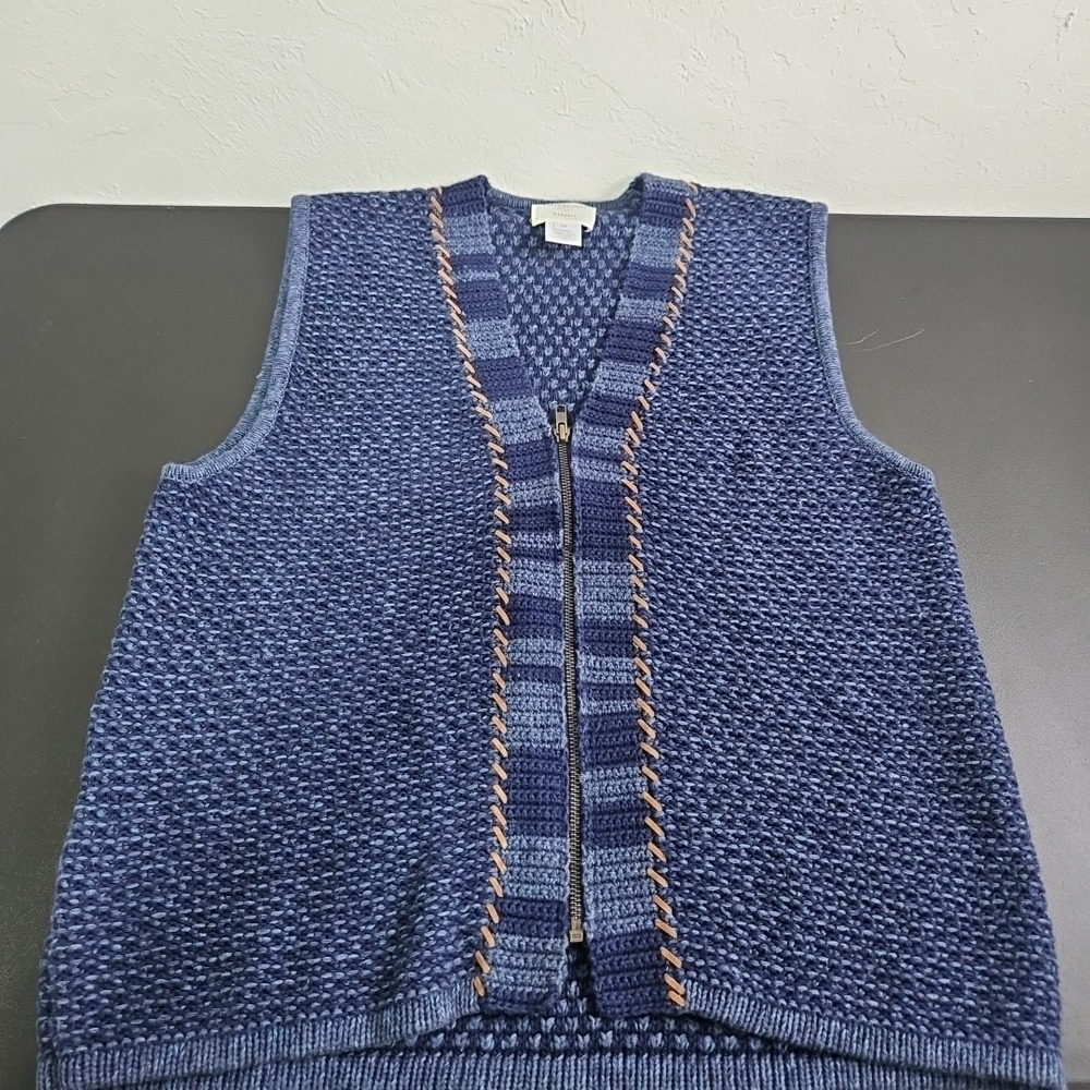 Vtg 90s Susan Bristol Sz Med Blue Sweater Vest Boho Faux Suede Zip Grannycore - Picture 8 of 10